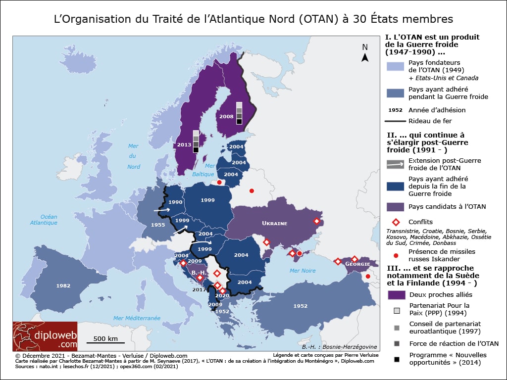 Cette carte de l’Organisation du Traité de l’Atlantique Nord (OTAN) à 30 Etats membres permet de visualiser la dynamique post-Guerre froide.  Des pays Baltes à la Roumanie, il s’agit d’un mouvement d’extension vers l’Est, à la demande des Etats concernés dans l’espoir de se prémunir de la Russie.